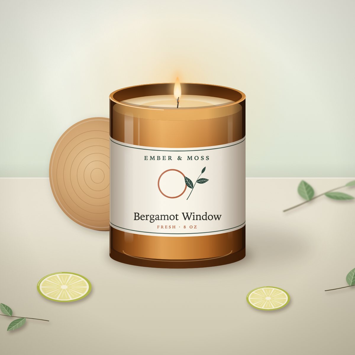 Bergamot Window candle in an 8 oz amber jar with a cream label (illustration)