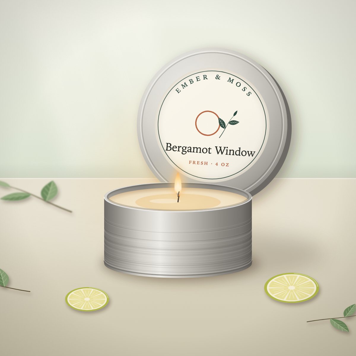 Bergamot Window candle in a 4 oz brushed travel tin (illustration)