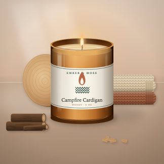 Campfire Cardigan candle in an 8 oz amber jar with a cream label (illustration)