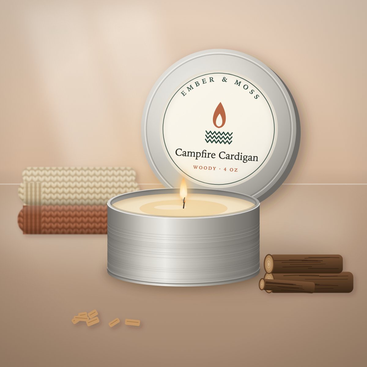 Campfire Cardigan candle in a 4 oz brushed travel tin (illustration)