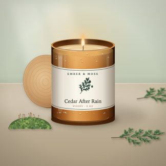 Cedar After Rain candle in an 8 oz amber jar with a cream label (illustration)