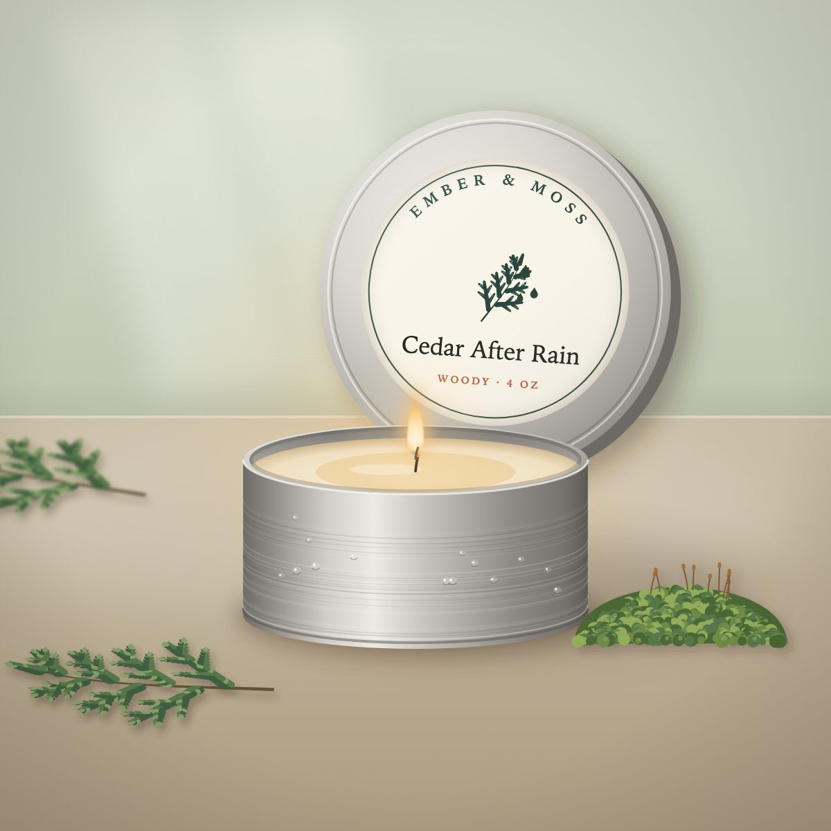 Cedar After Rain candle in a 4 oz brushed travel tin (illustration)