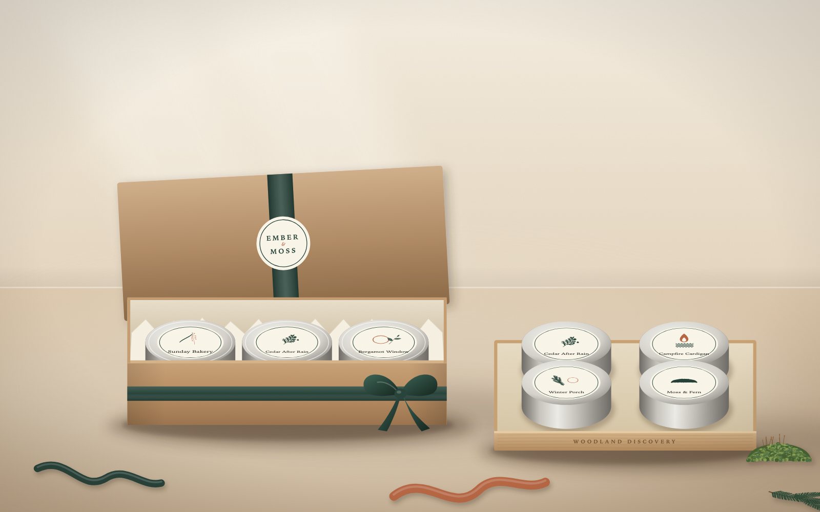 Ember & Moss gift sets tied with forest-green ribbon (illustration)