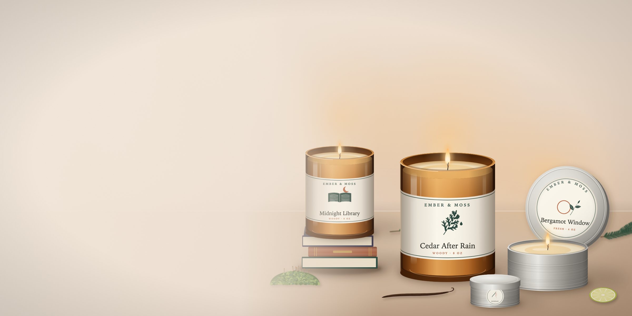 A shelf of Ember & Moss candles in amber jars and travel tins, softly lit (illustration)