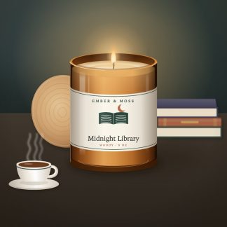Midnight Library candle in an 8 oz amber jar with a cream label (illustration)
