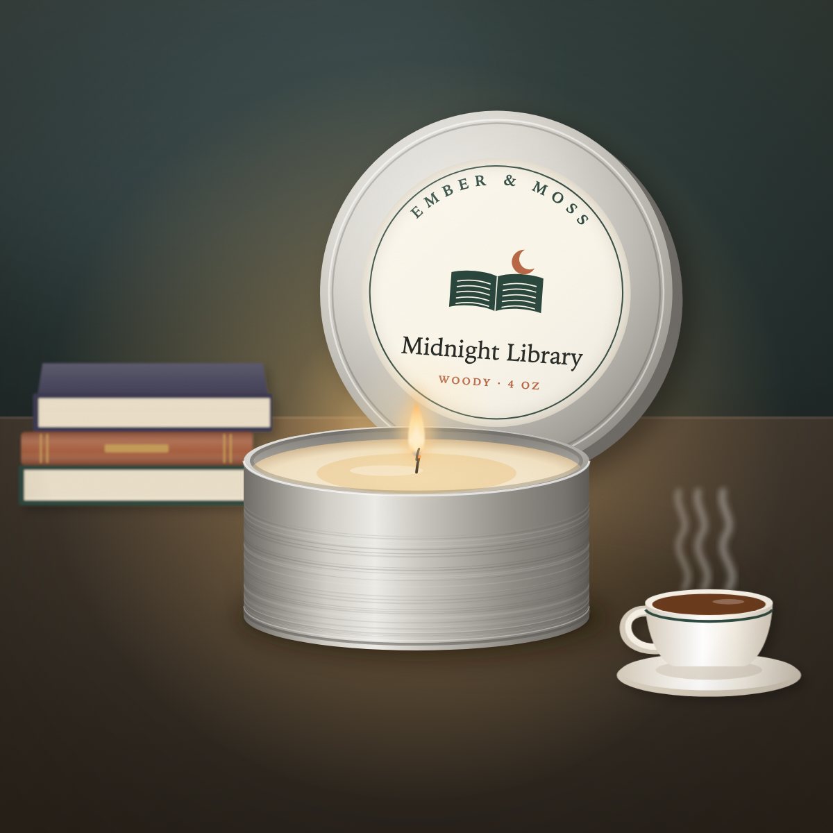 Midnight Library candle in a 4 oz brushed travel tin (illustration)