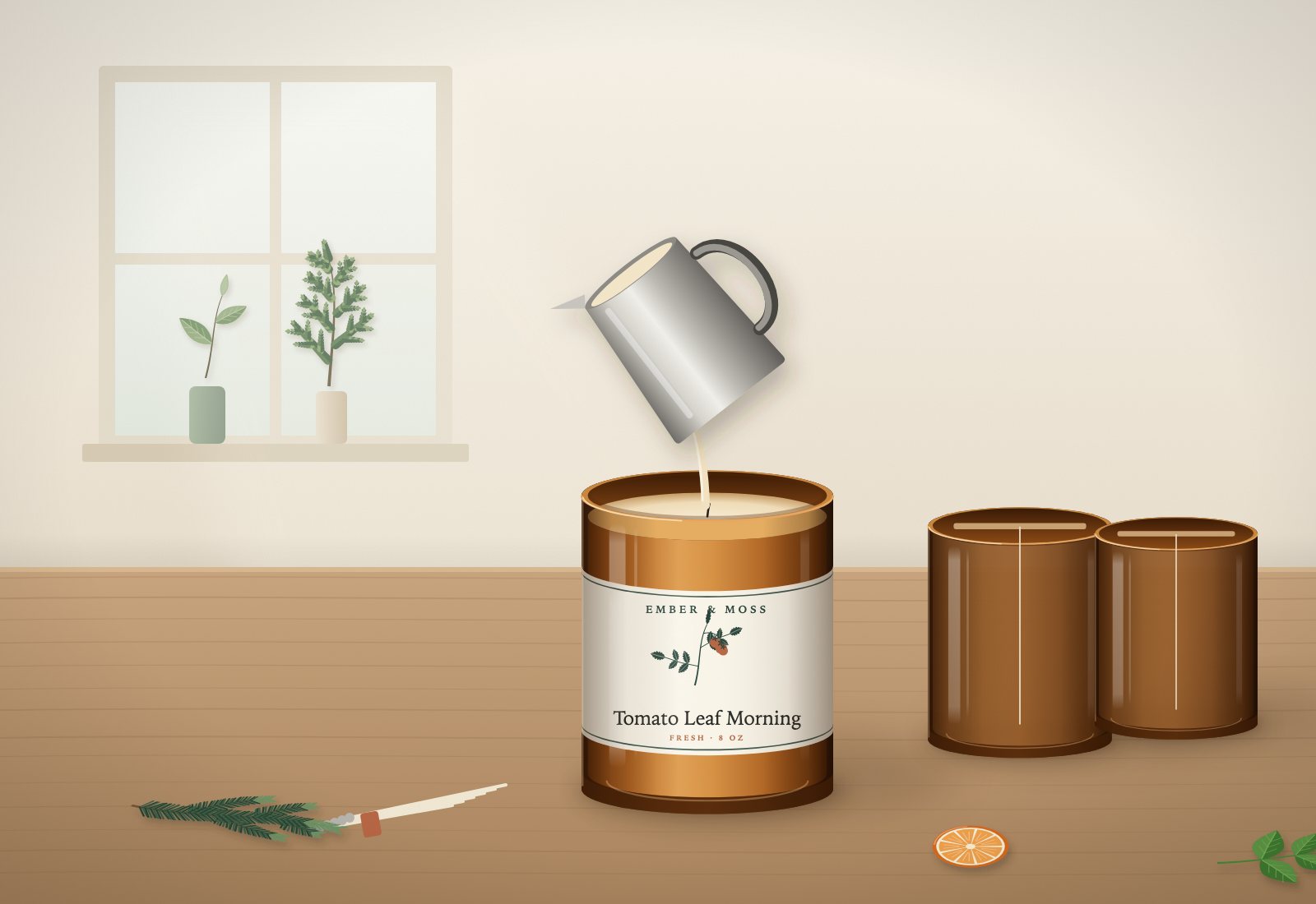 Worktable in the fictional Ember & Moss pouring studio, with jars and botanical sprigs (illustration)