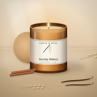 Sunday Bakery candle in an 8 oz amber jar with a cream label (illustration)
