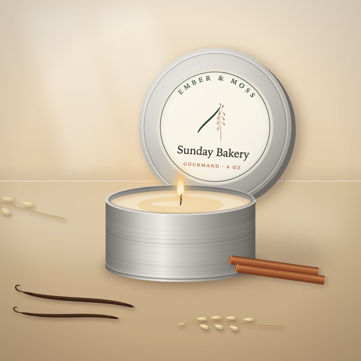 Sunday Bakery candle in a 4 oz brushed travel tin (illustration)