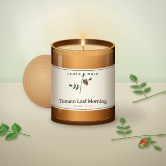 Tomato Leaf Morning candle in an 8 oz amber jar with a cream label (illustration)