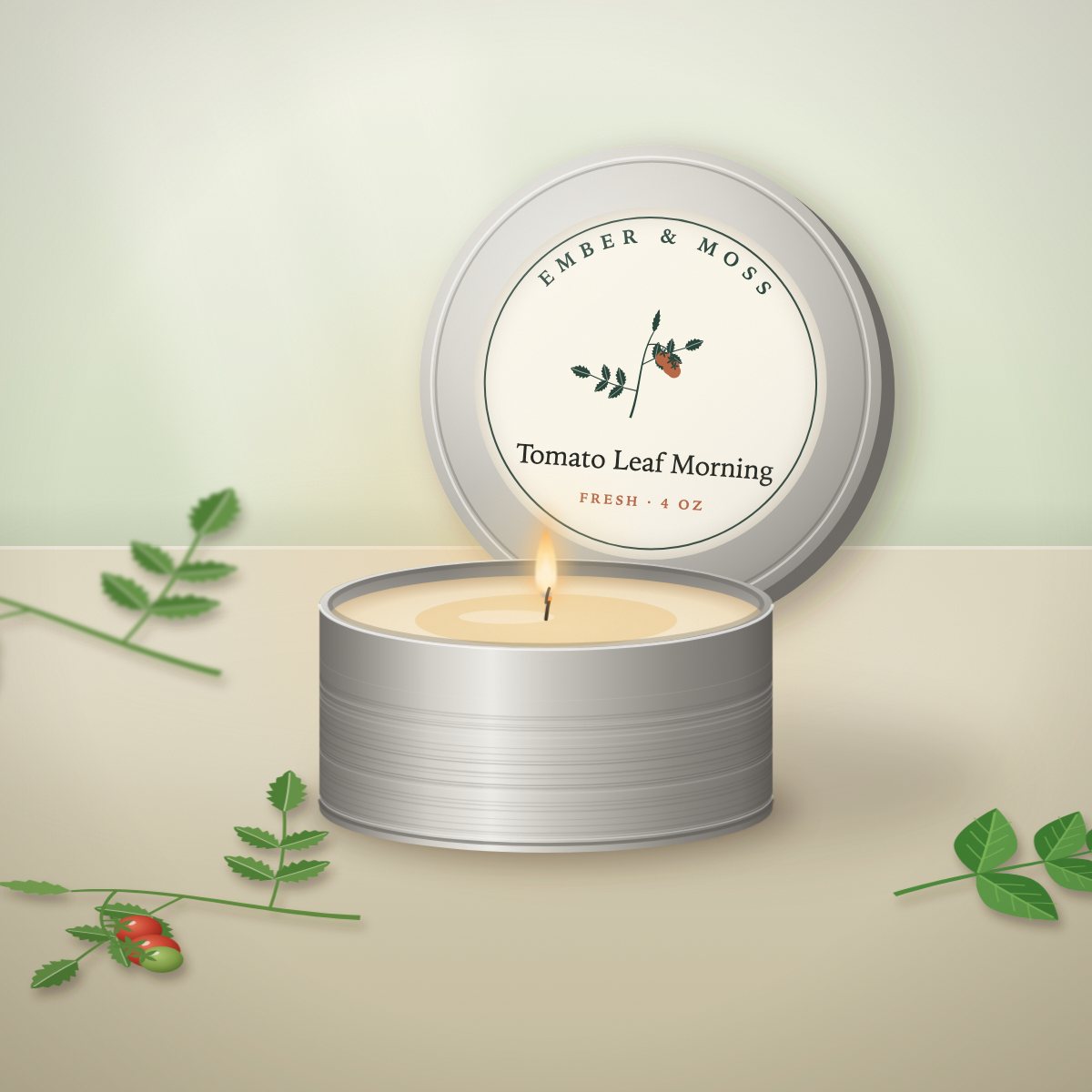 Tomato Leaf Morning candle in a 4 oz brushed travel tin (illustration)
